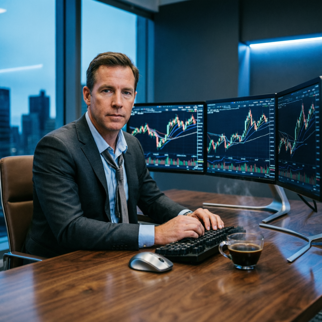 Professional forex trader working on multiple monitors with candlestick charts