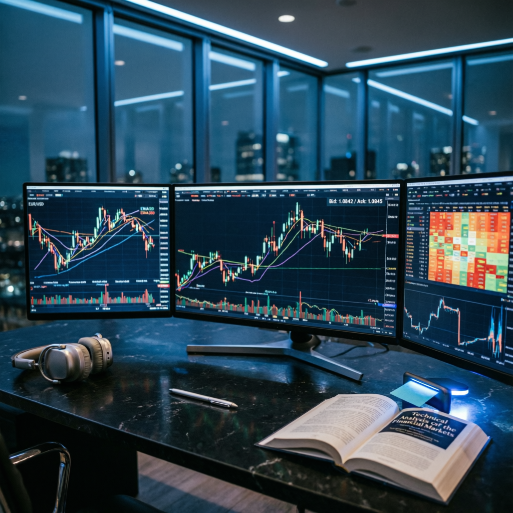 Professional trading strategy analysis with multiple chart screens