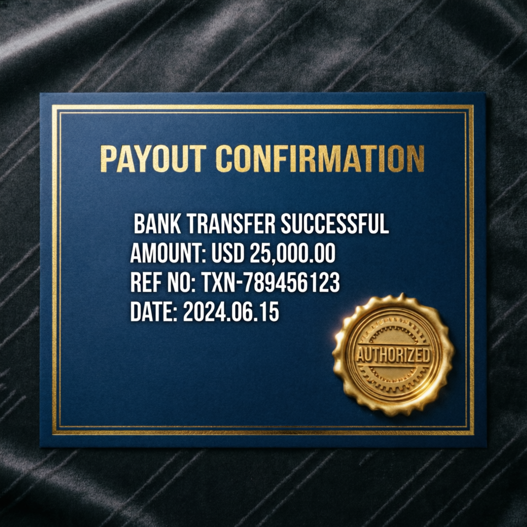 Payout confirmation document showing successful bank transfer