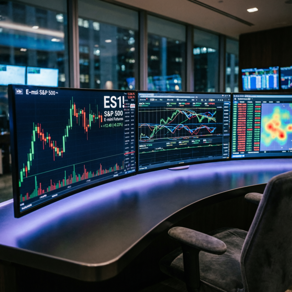 Professional futures trading desk with multiple monitors showing E-mini S&P 500 charts
