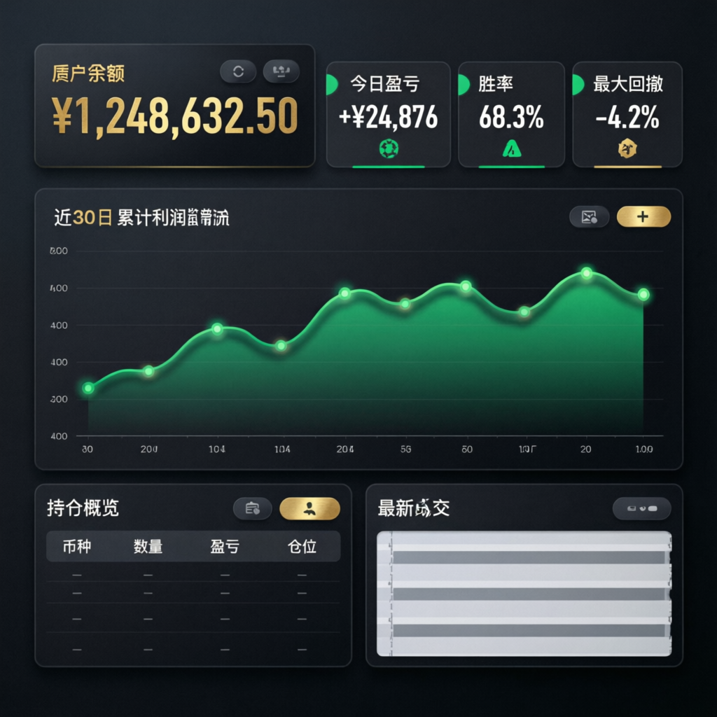 Modern trading dashboard with profit charts and performance metrics