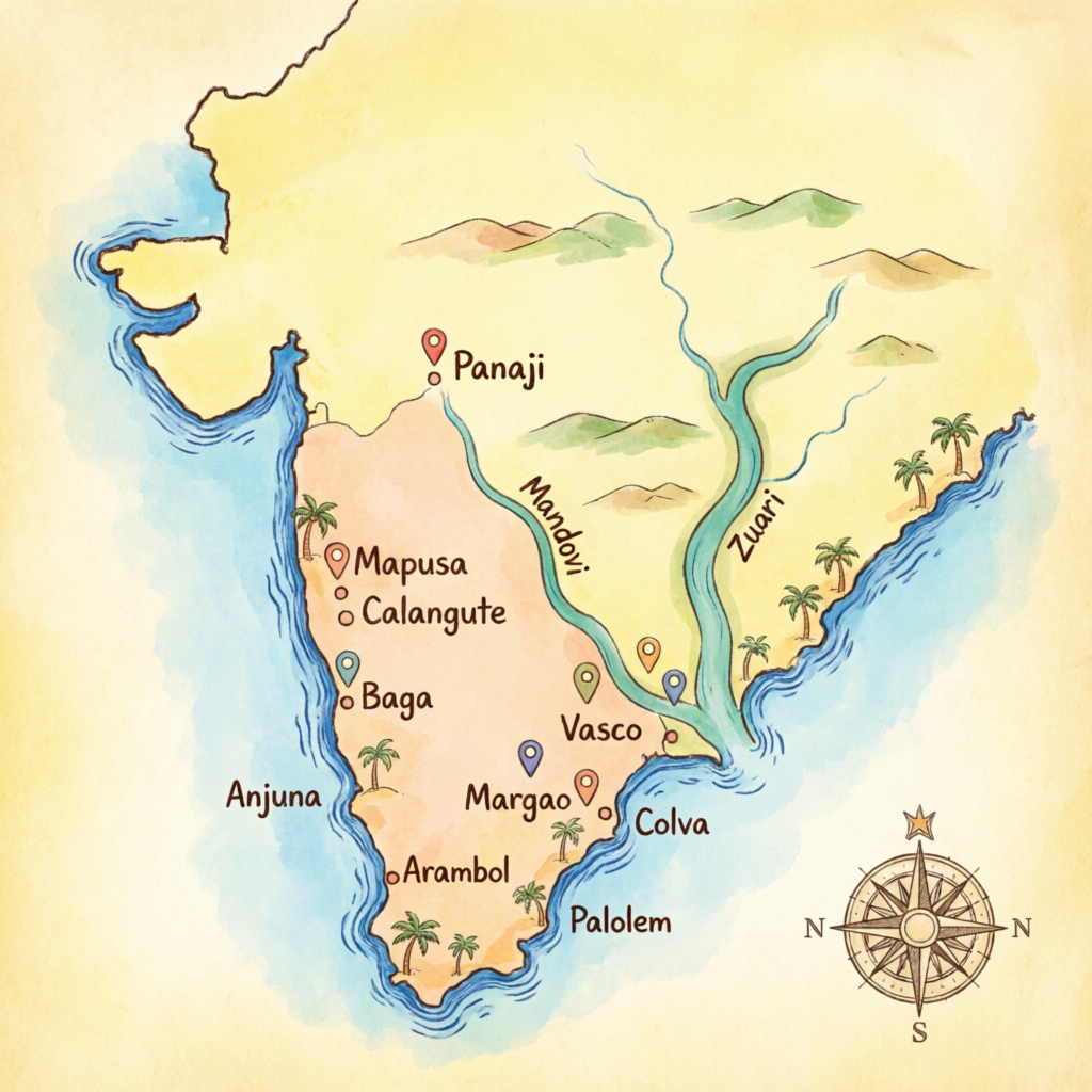 Illustrated tourist map of Goa, India showing North Goa and South Goa beaches, rivers and towns