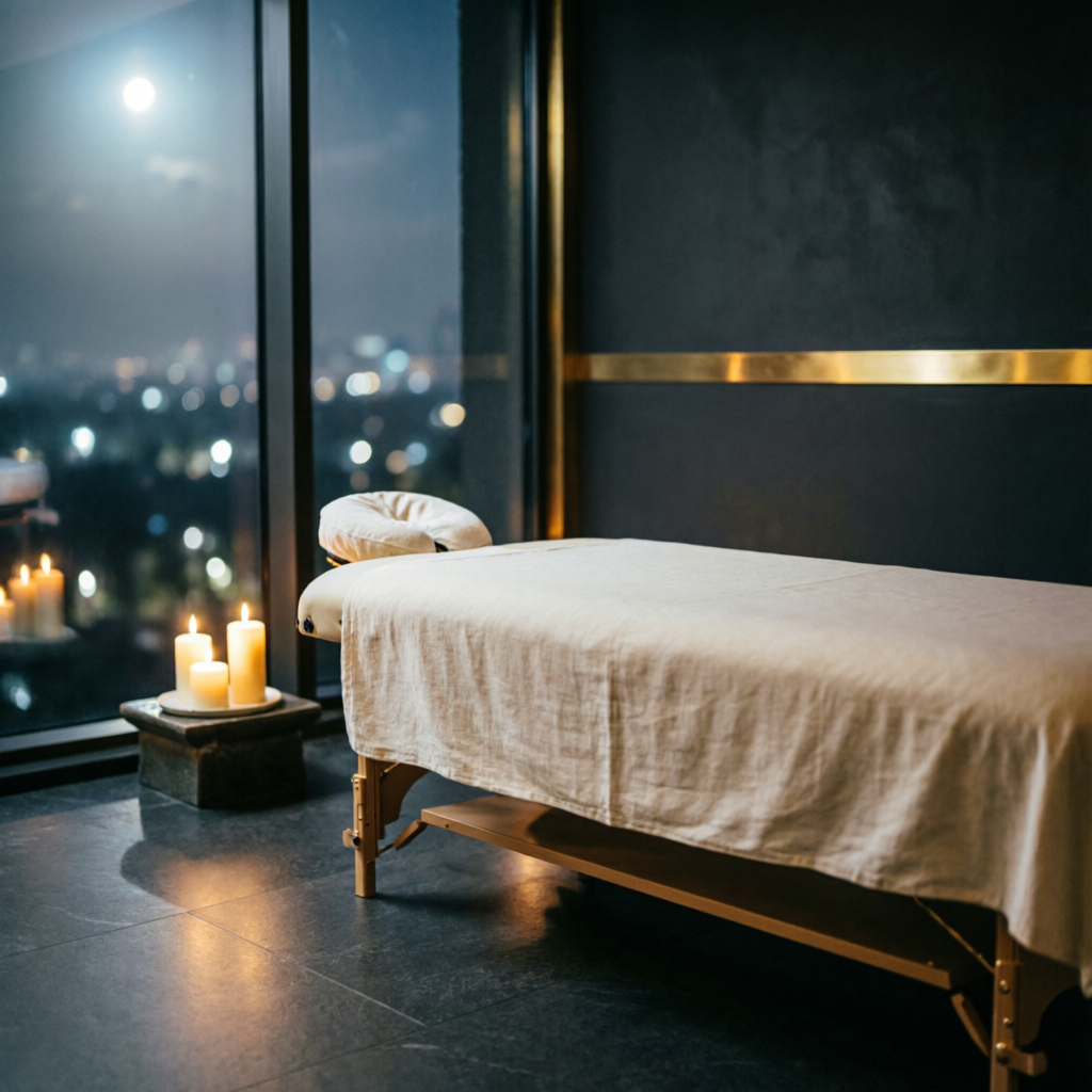 Day and night home massage in Indore — tranquil night-time massage table by a window