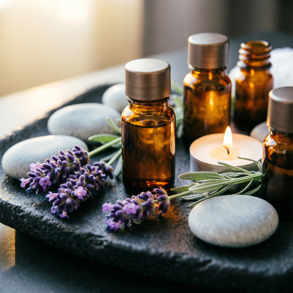Aromatherapy massage in Indore — amber essential oil bottles, lavender and candlelight