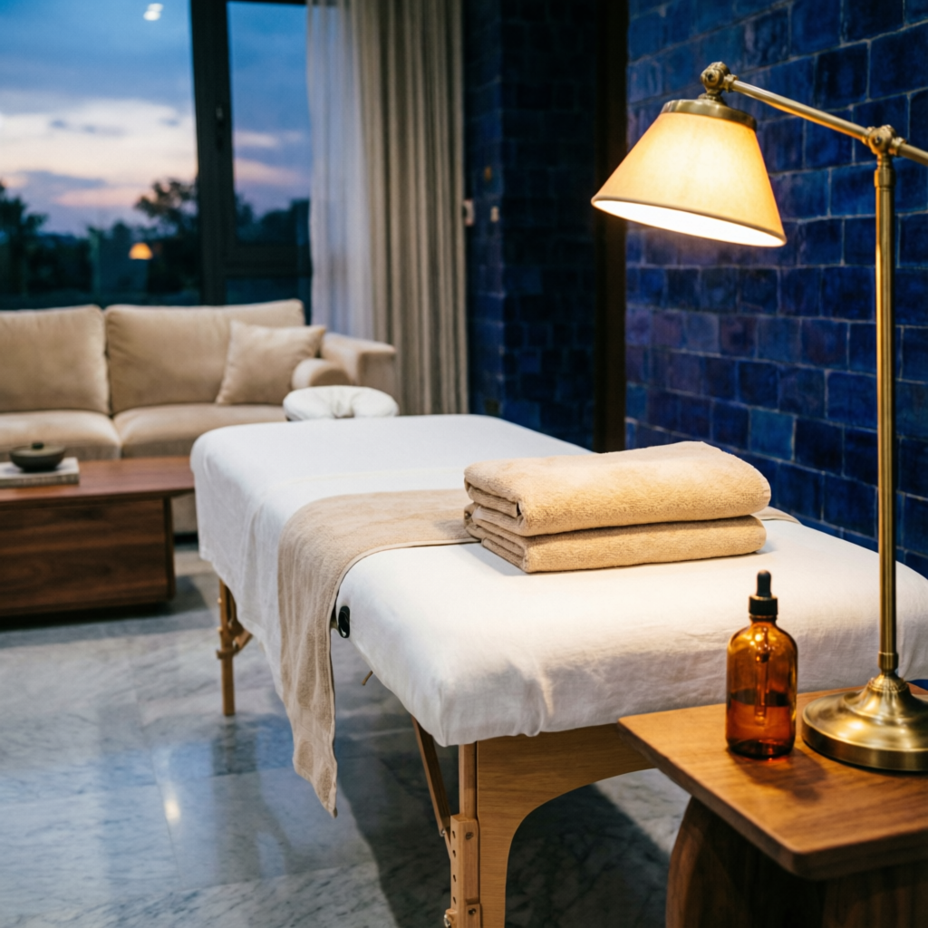 Home massage service in Indore — professional massage table set up in a living room