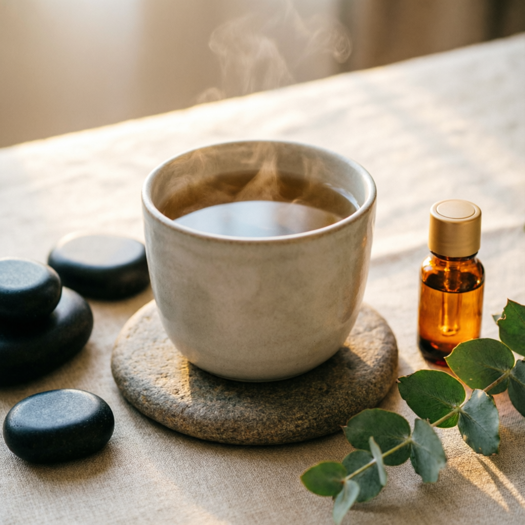 Wellness still life with herbal tea, spa stones and eucalyptus
