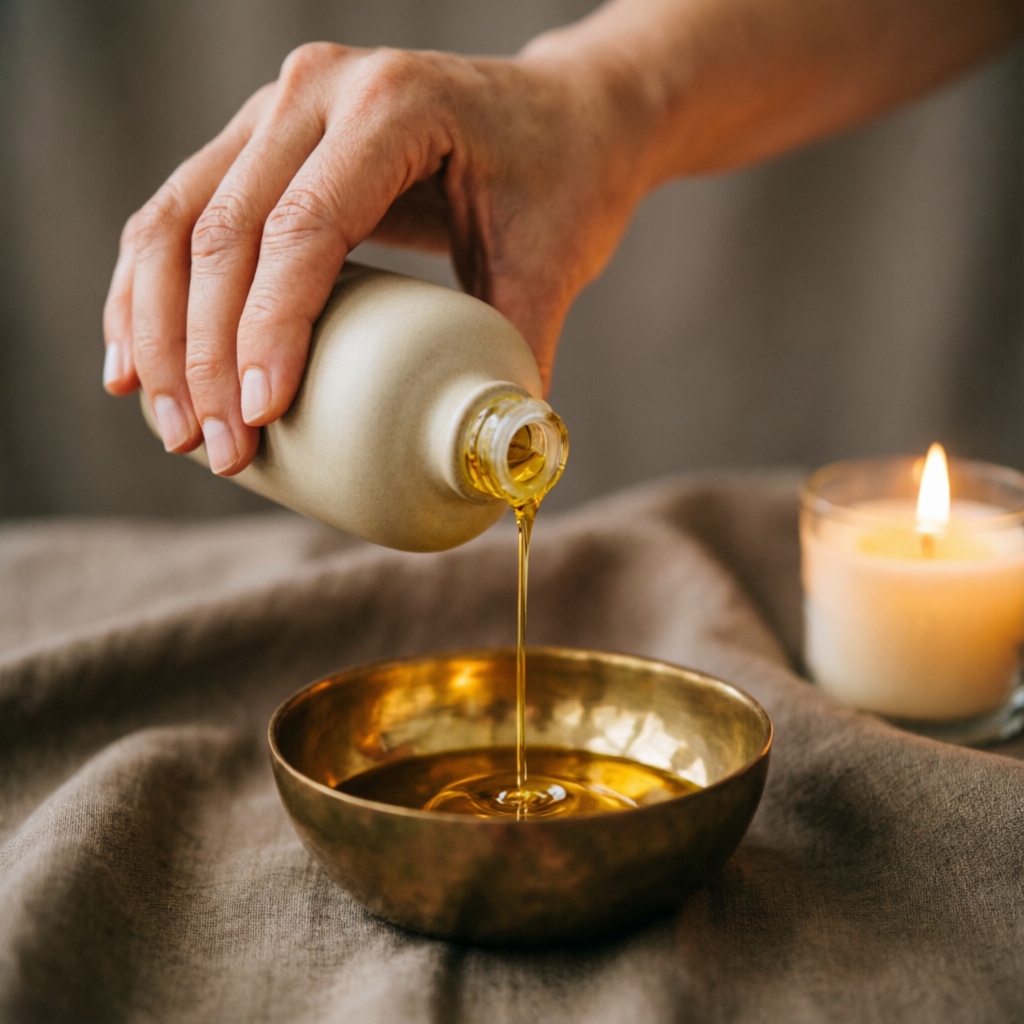 Warm essential oil being prepared for a professional massage session in Indore at Aura Daynight Home Massage Spa