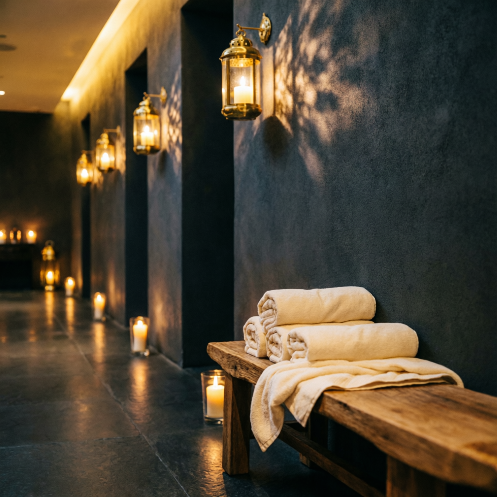 Candle-lit spa ambience with brass lanterns and fresh towels