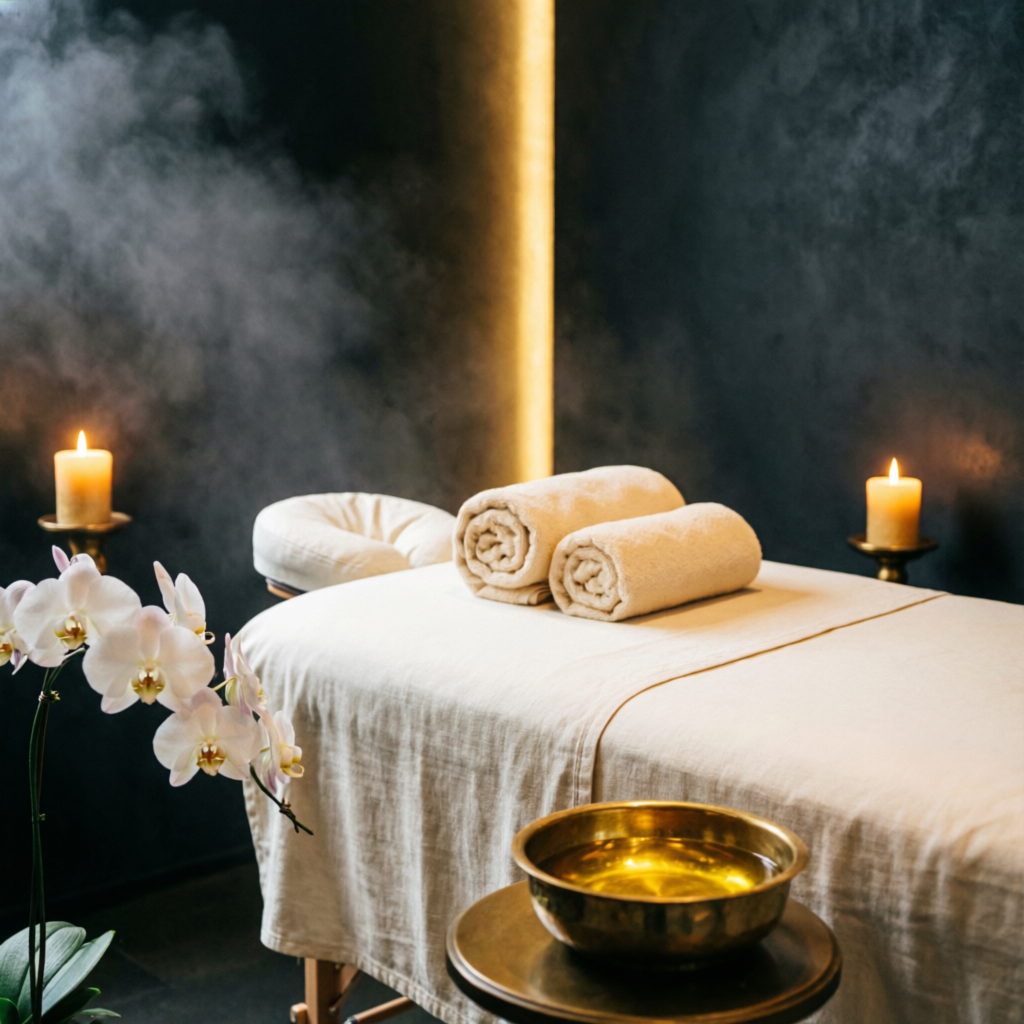 Premium home massage setup in Indore — massage table with fresh towels, warm candlelight and essential oil at Aura Daynight Home Massage Spa