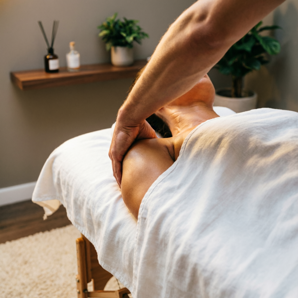 Deep tissue massage in Indore — firm focused pressure on shoulder tension