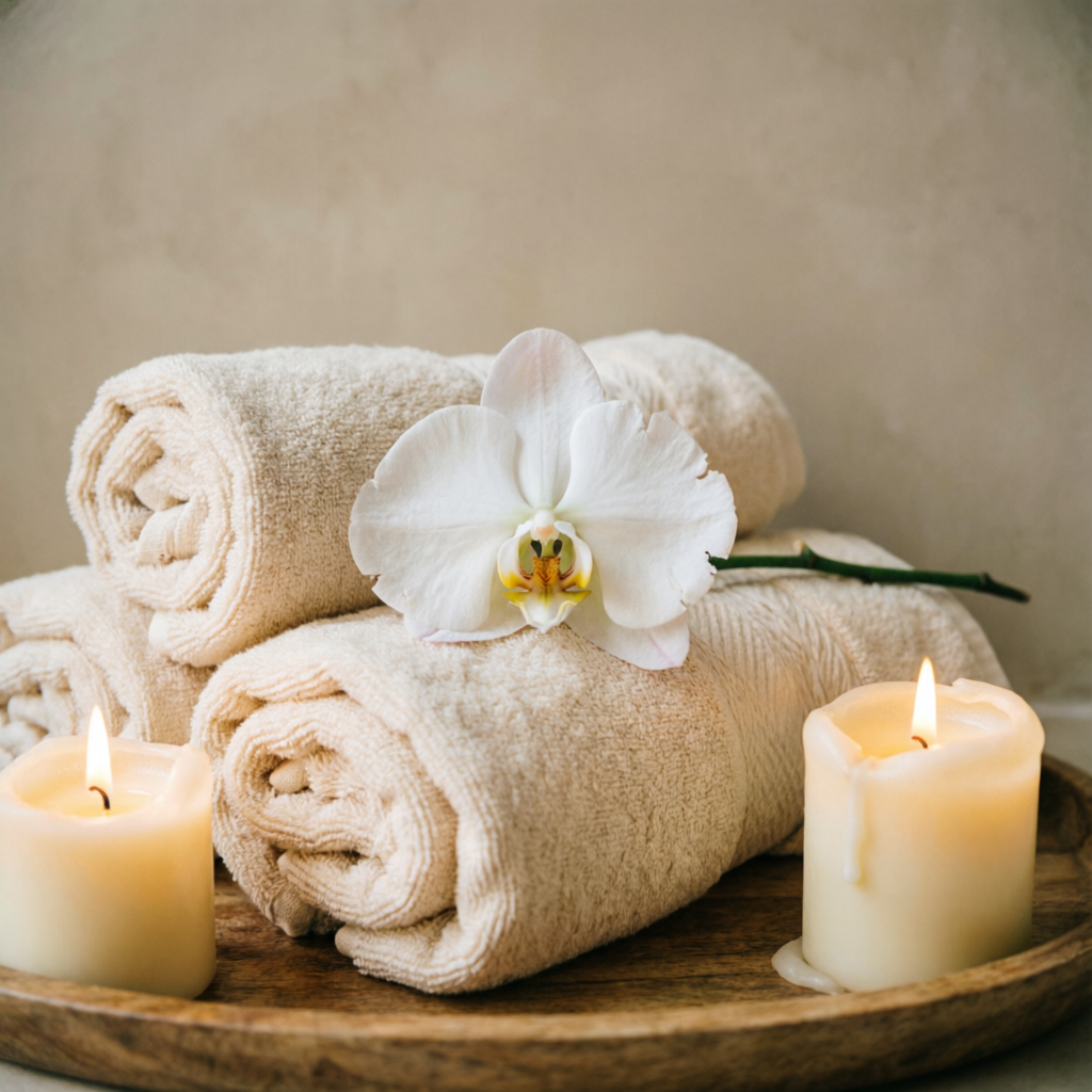 Rolled cream towels with orchid and candles for relaxation