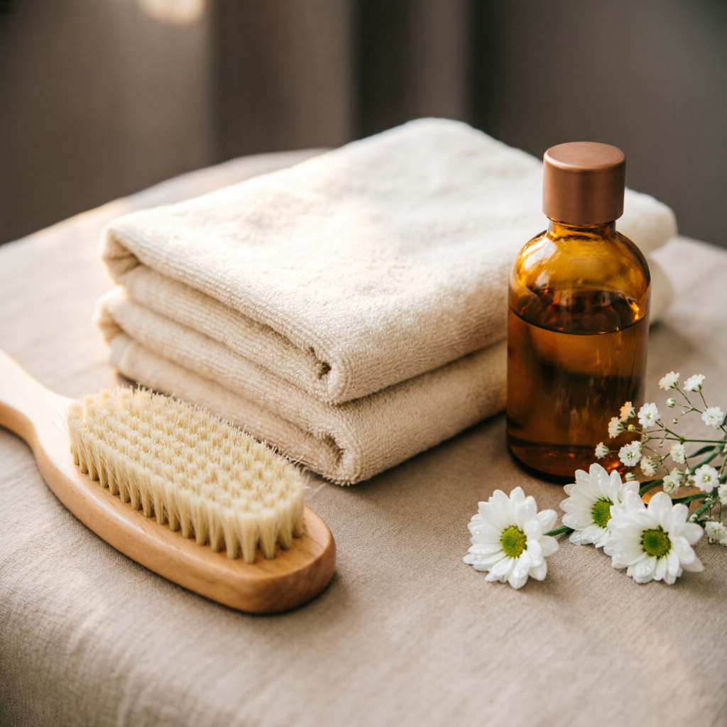 Hygienic massage setup flat lay with towels, brush, oil and flowers