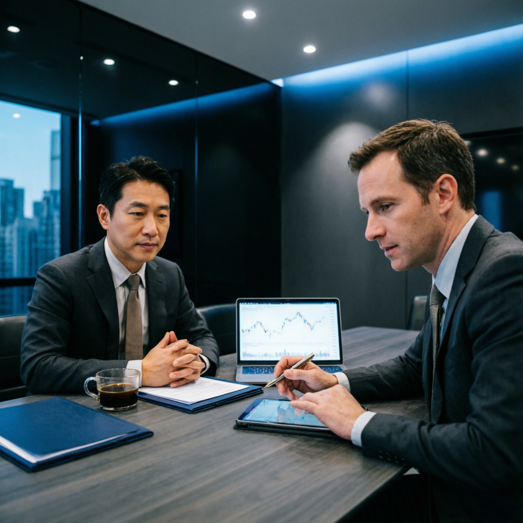 Professional consultation between financial advisor and trader