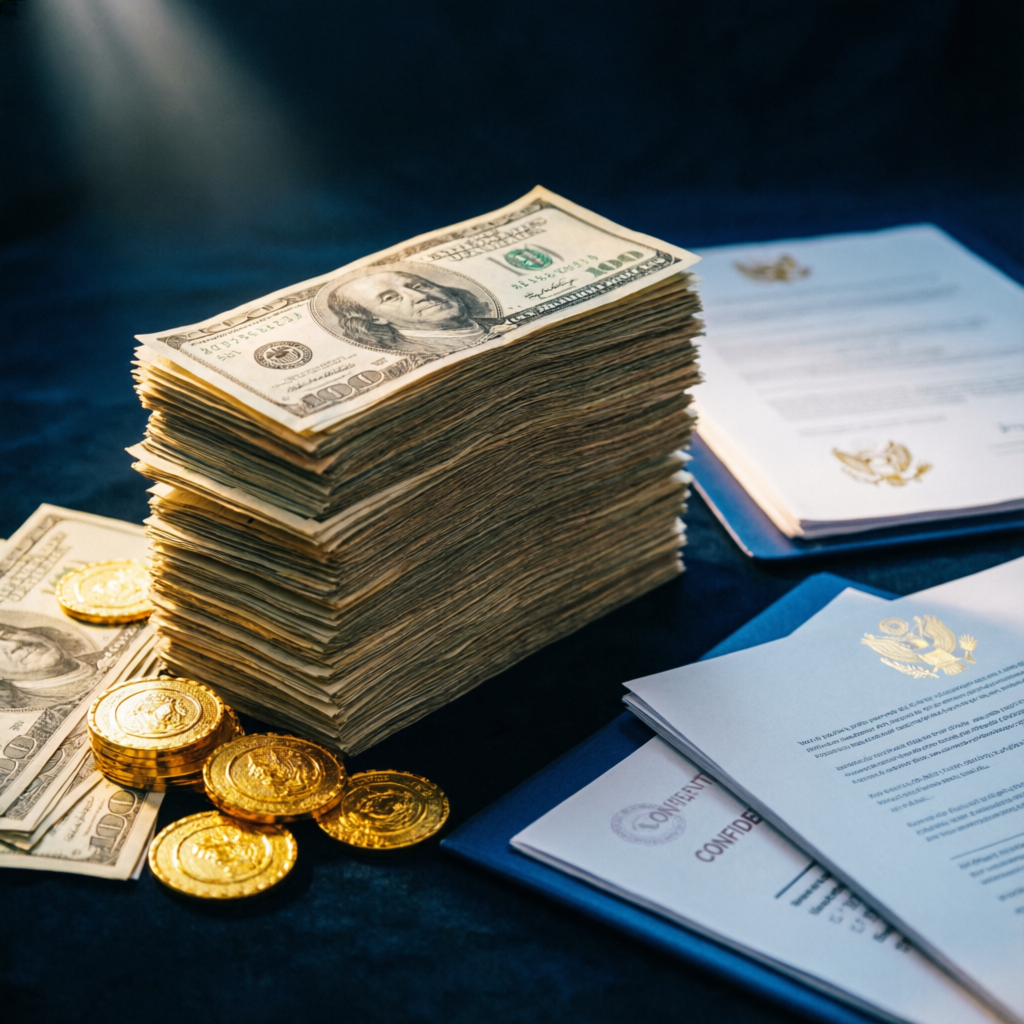 Successful payout with cash and financial documents