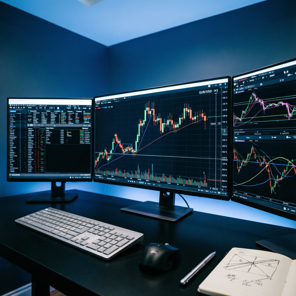 Professional forex trading setup with multiple monitors