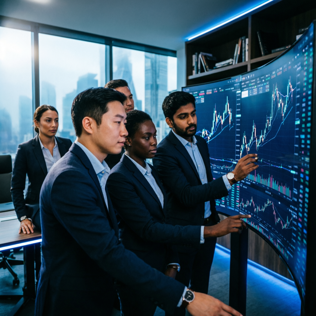 Professional trading team analyzing charts