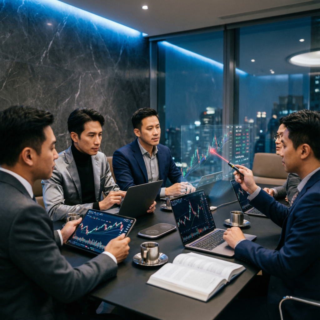 Professional trading team meeting discussing strategies