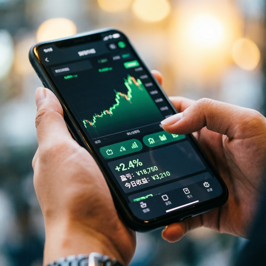 Mobile forex trading app showing profit on smartphone
