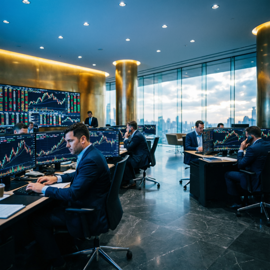 Modern trading floor with professional traders at workstations
