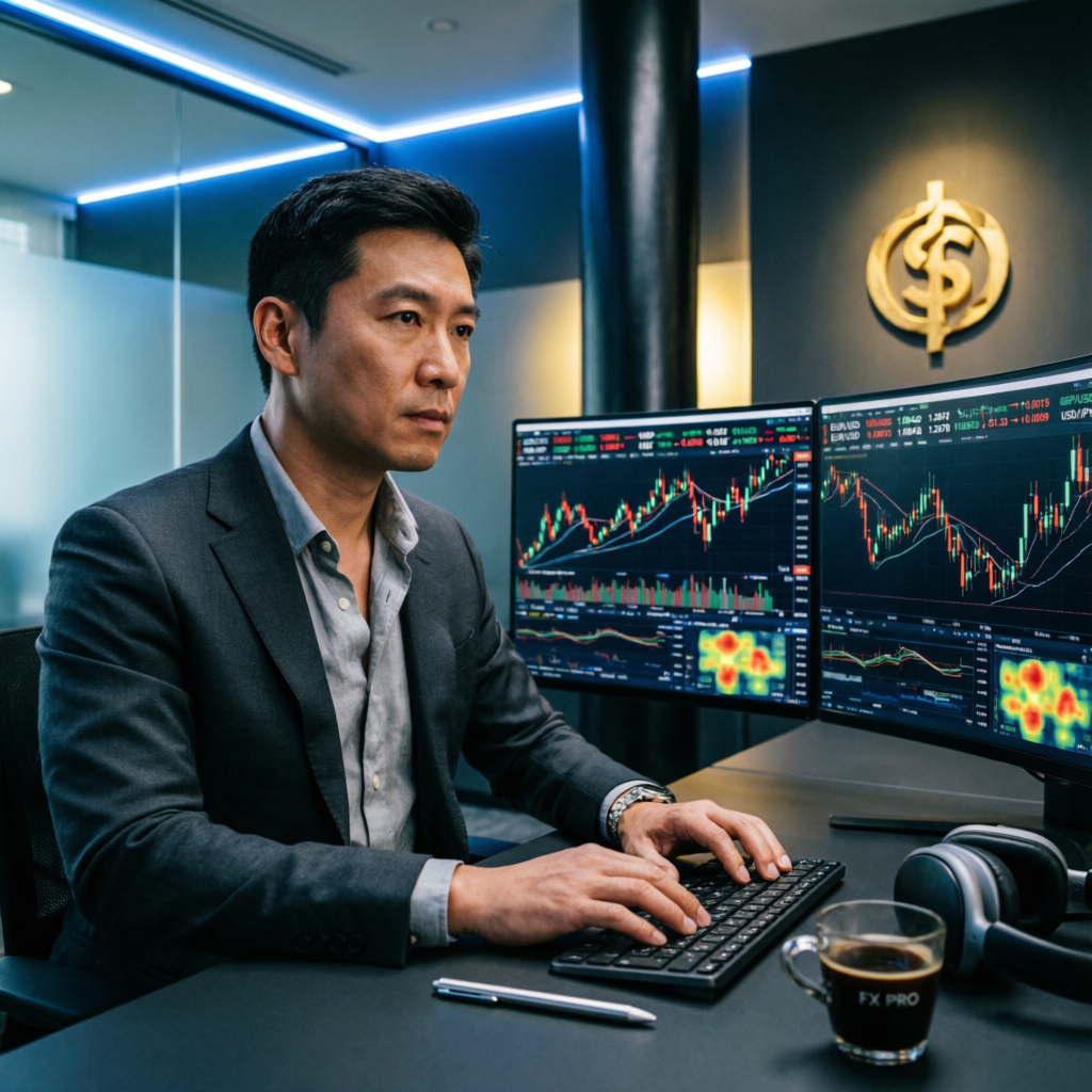 Professional forex trader managing prop firm funded account