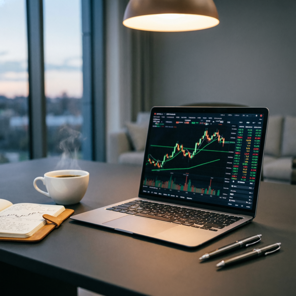 Professional trading workspace with laptop showing forex charts