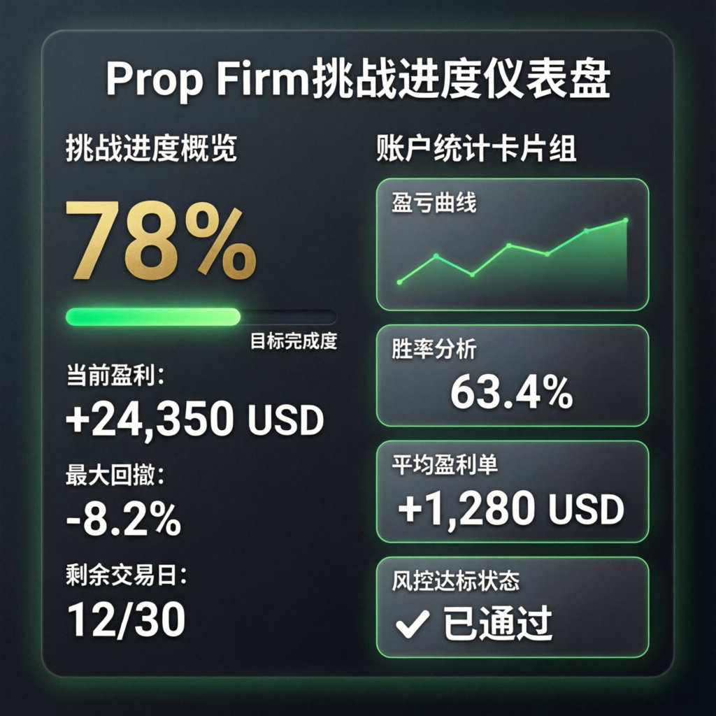 Prop firm challenge dashboard showing 78% completion and account statistics