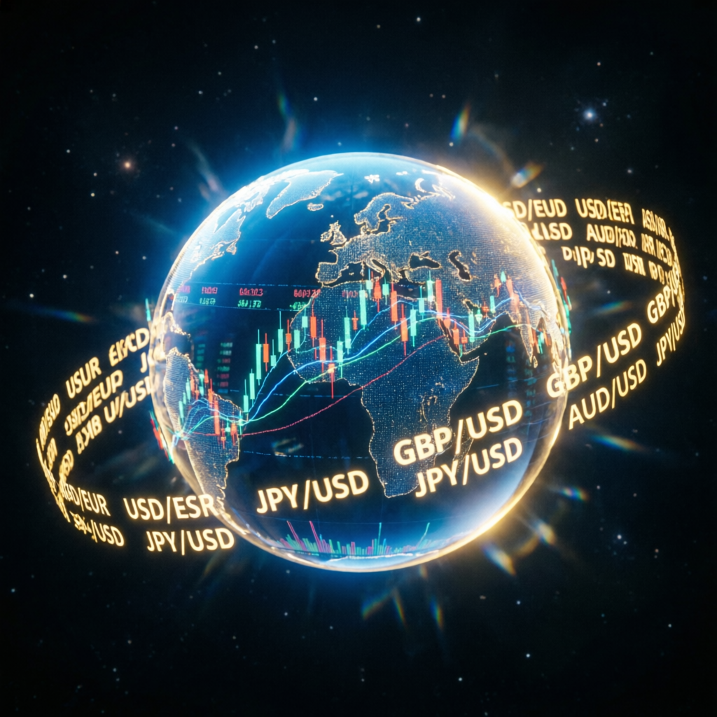 Global forex market visualization with currency pairs around the world