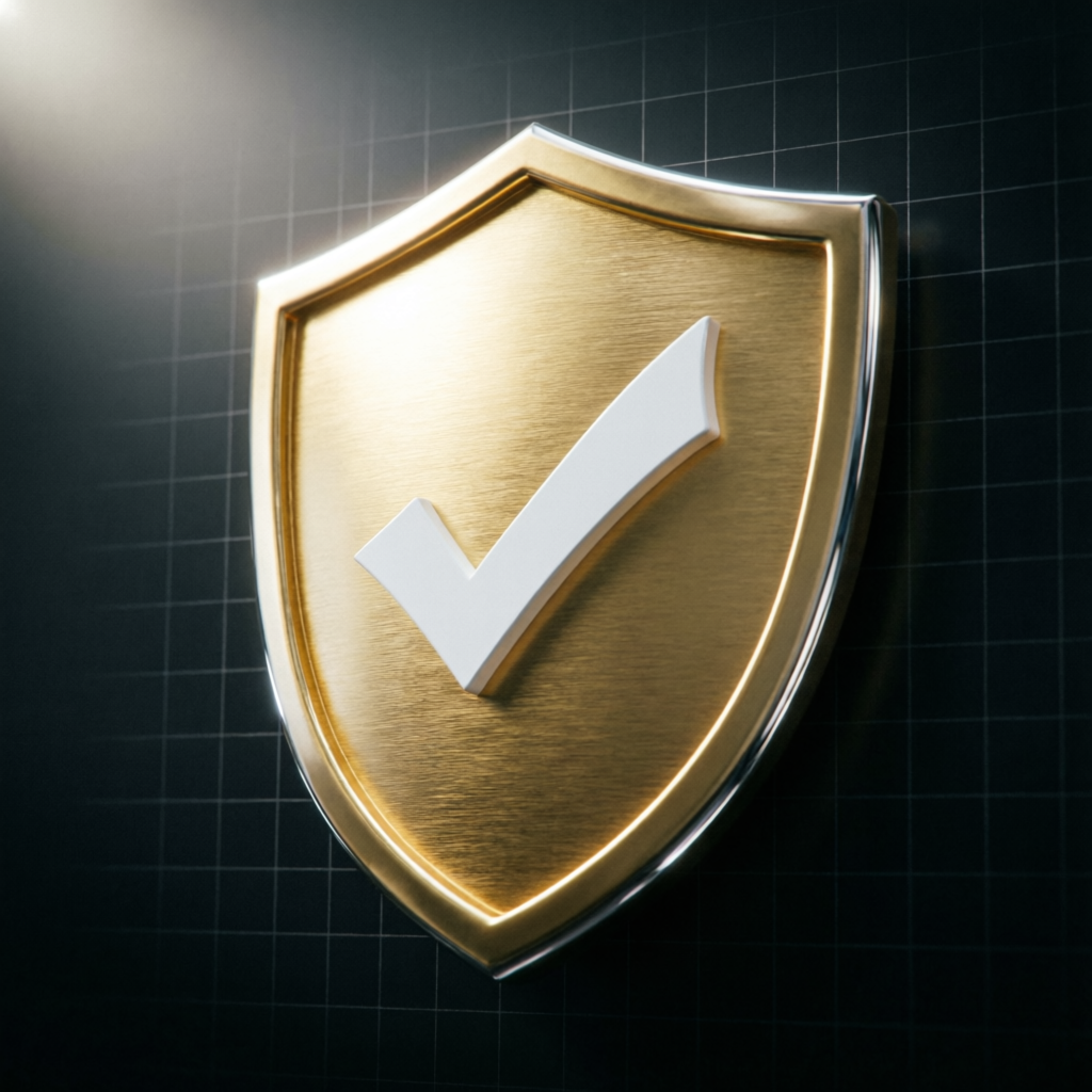 Gold shield with checkmark representing trust and security in trading services