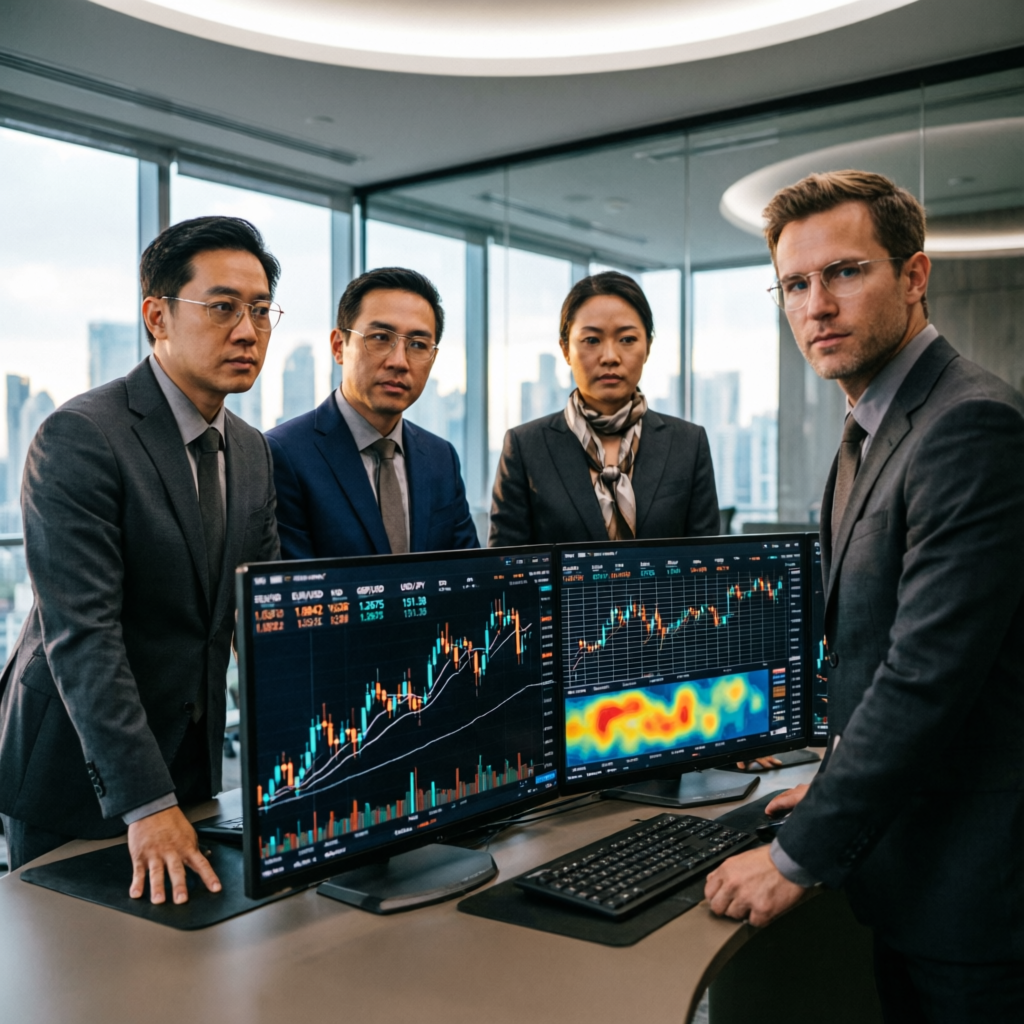 Professional team of financial analysts reviewing trading strategies