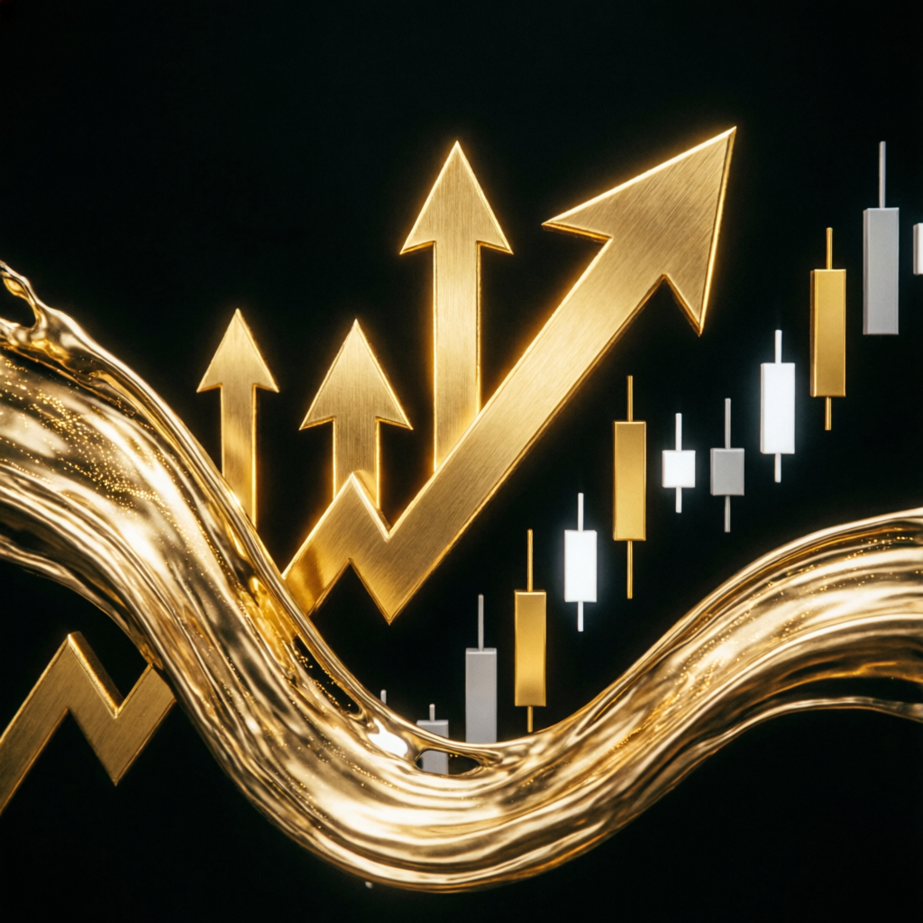 Golden upward arrows representing prop firm trading profits and growth