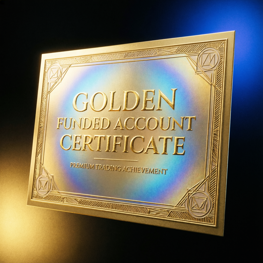 Golden funded account certificate representing successful evaluation pass guarantee