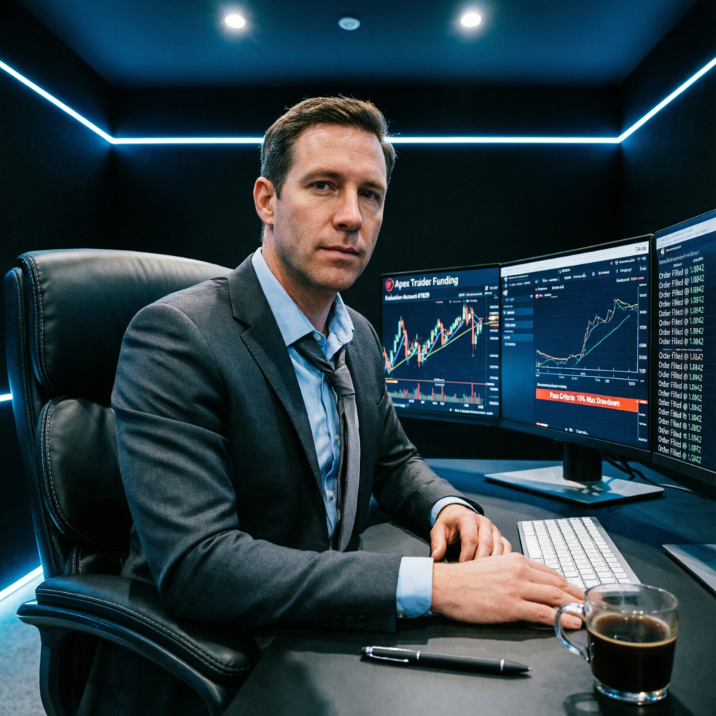 Professional trader working with Apex Trader Funding evaluation on multiple monitors
