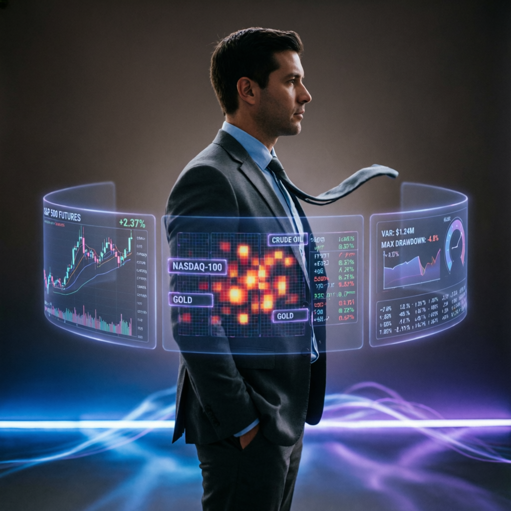 Professional trader with holographic futures market data visualization