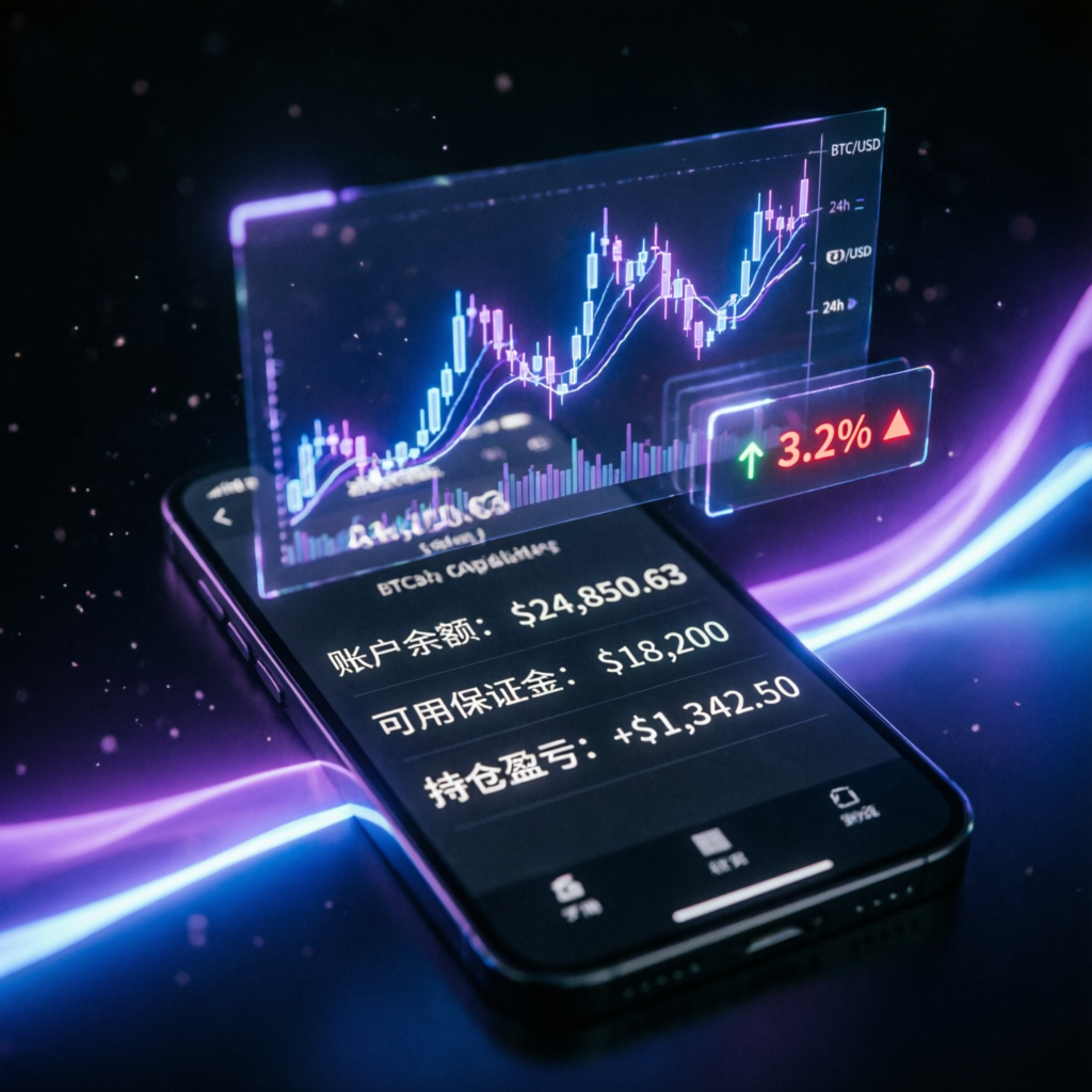 Mobile trading app showing funded account connection to TradingView and NinjaTrader