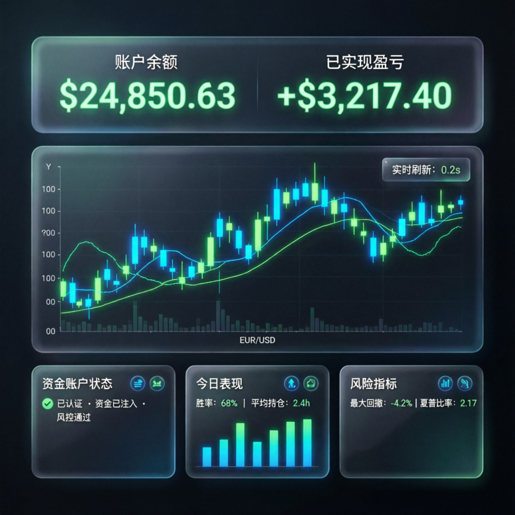 Professional trading dashboard showing funded account management metrics