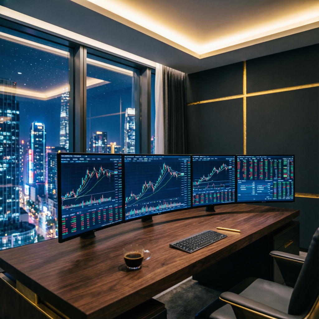 Luxury trading office with panoramic city view and multiple trading screens