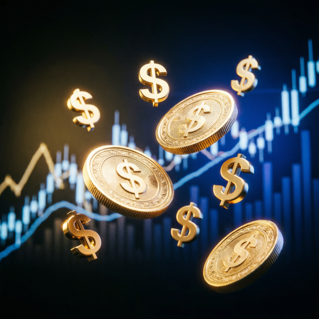 Golden coins and financial growth representing funded account profits