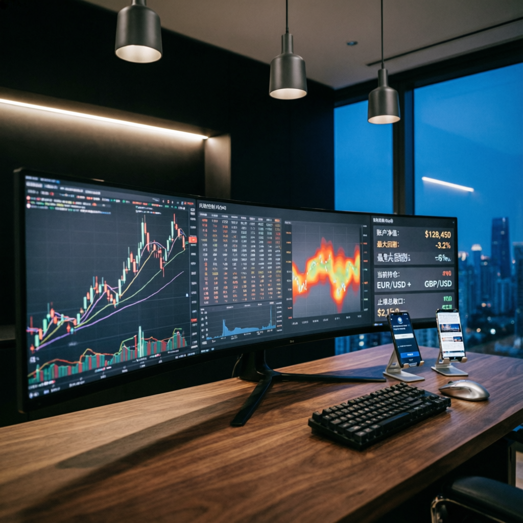 Professional forex trading analysis workspace with multiple monitors