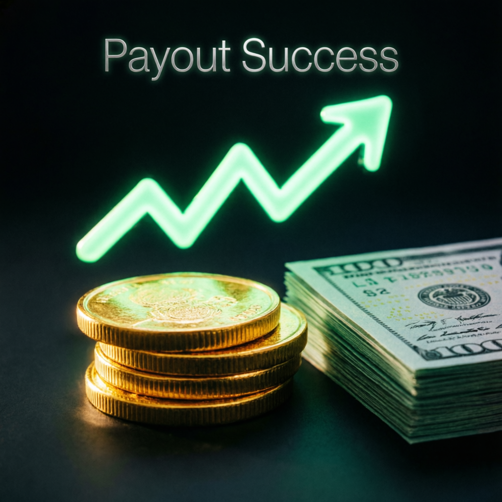 Payout success with gold coins and profit chart