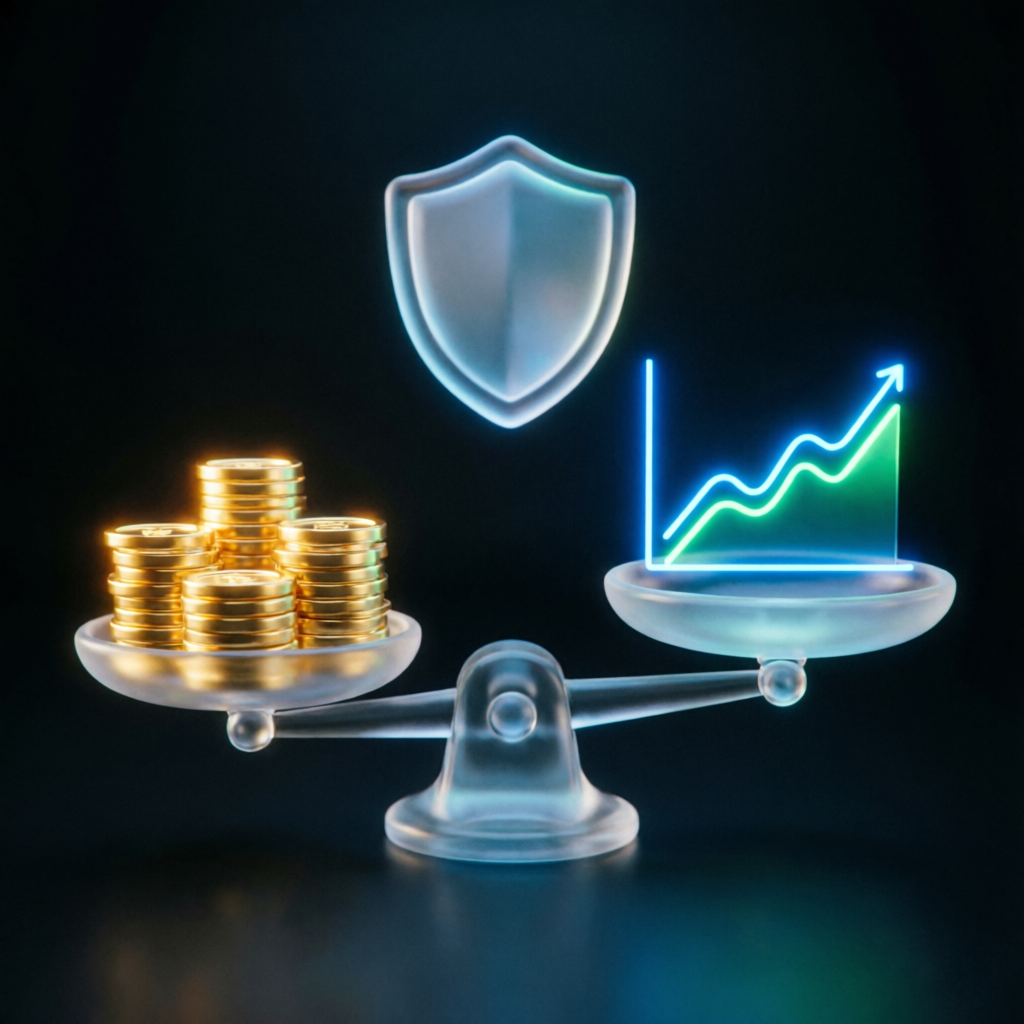 Risk management balance scale with trading chart