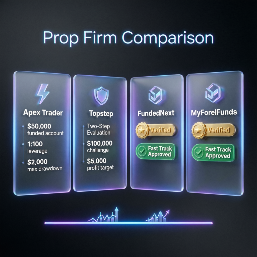 Prop firm comparison cards