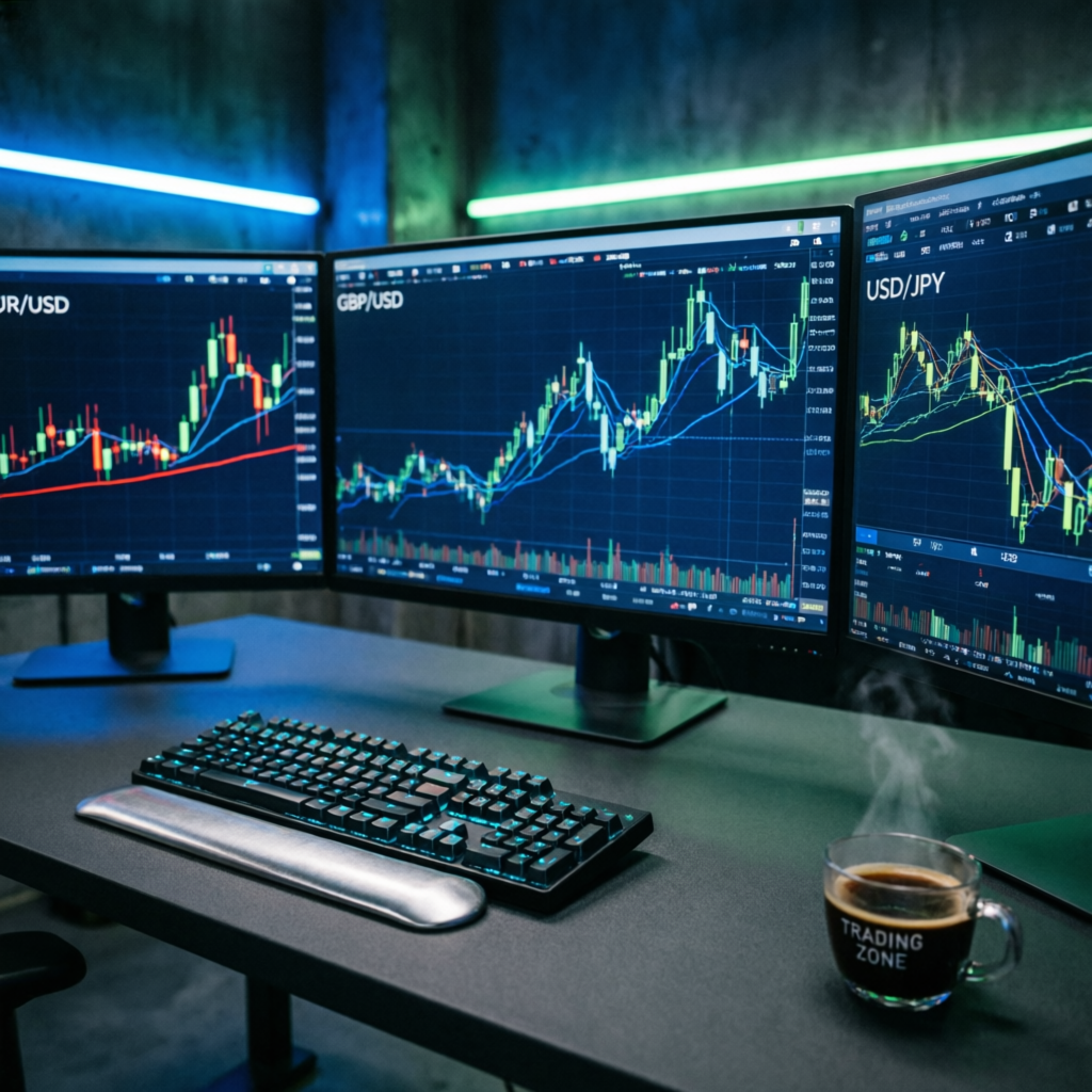 Professional trading setup with multiple monitors