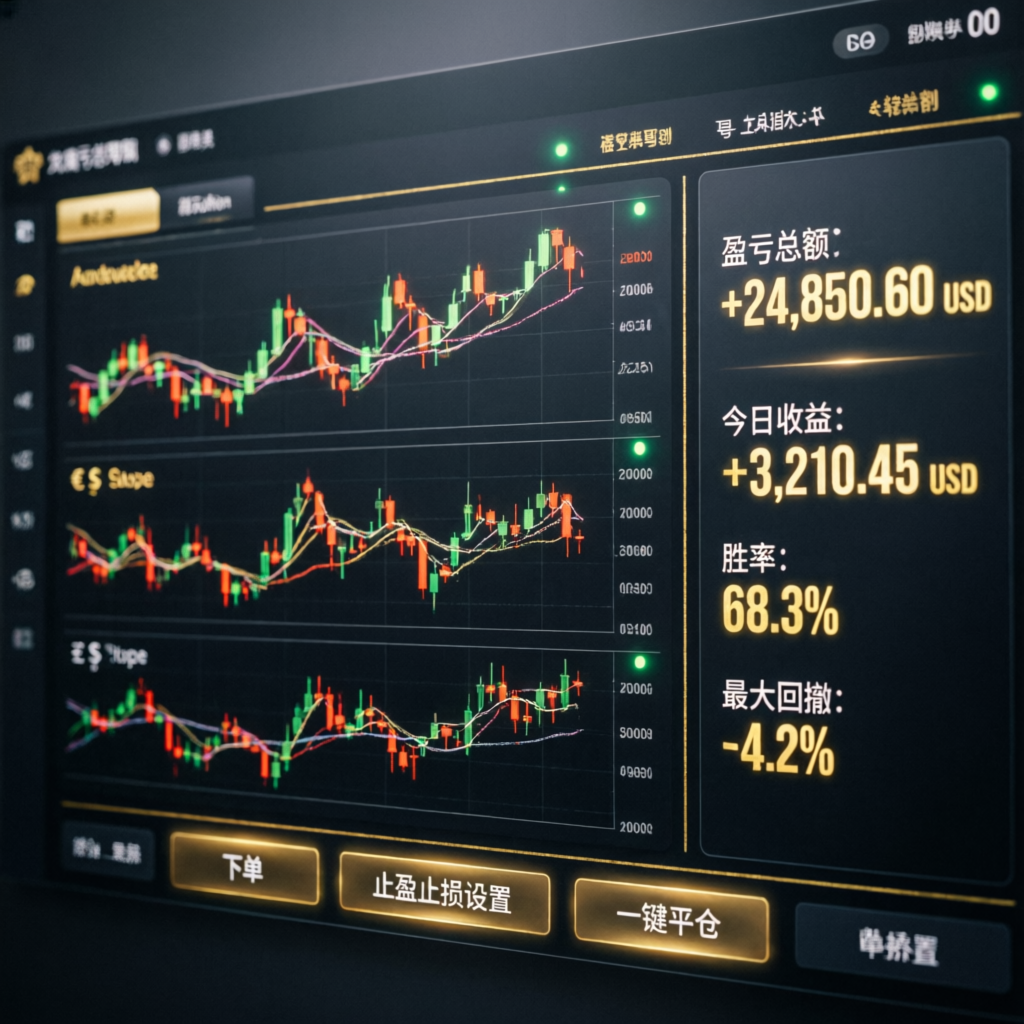 Live trading dashboard showing forex profits and win rate statistics