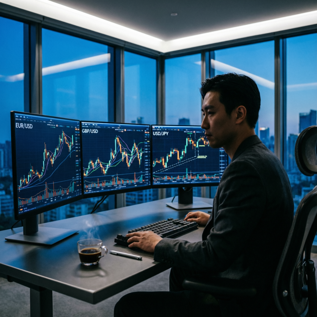 Professional forex trader analyzing multiple currency pairs