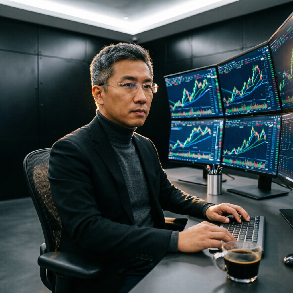 Professional forex trader managing funded prop firm accounts with multiple trading screens