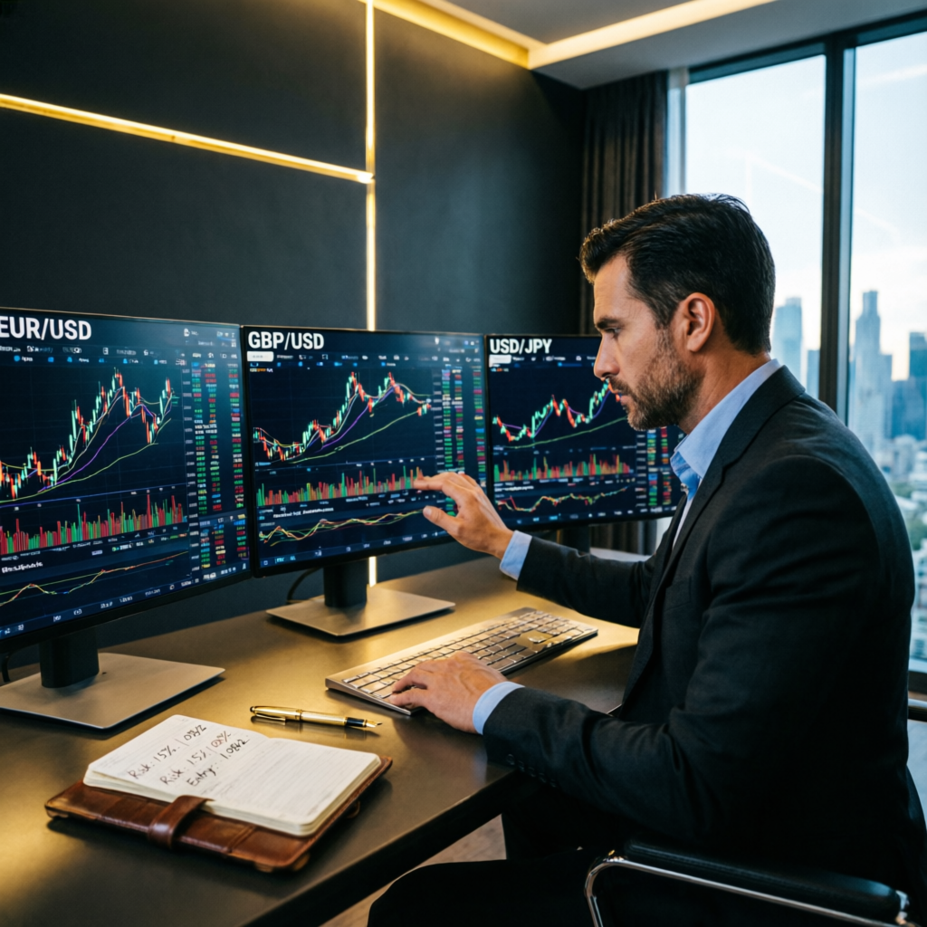 Funded account management professional analyzing multiple forex currency pairs