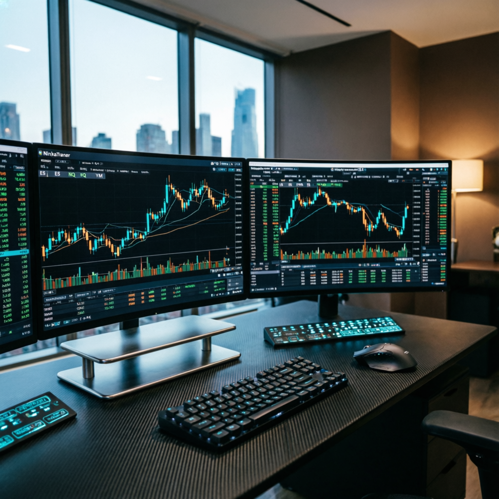 Professional futures trading desk with NinjaTrader platform showing ES NQ YM contracts
