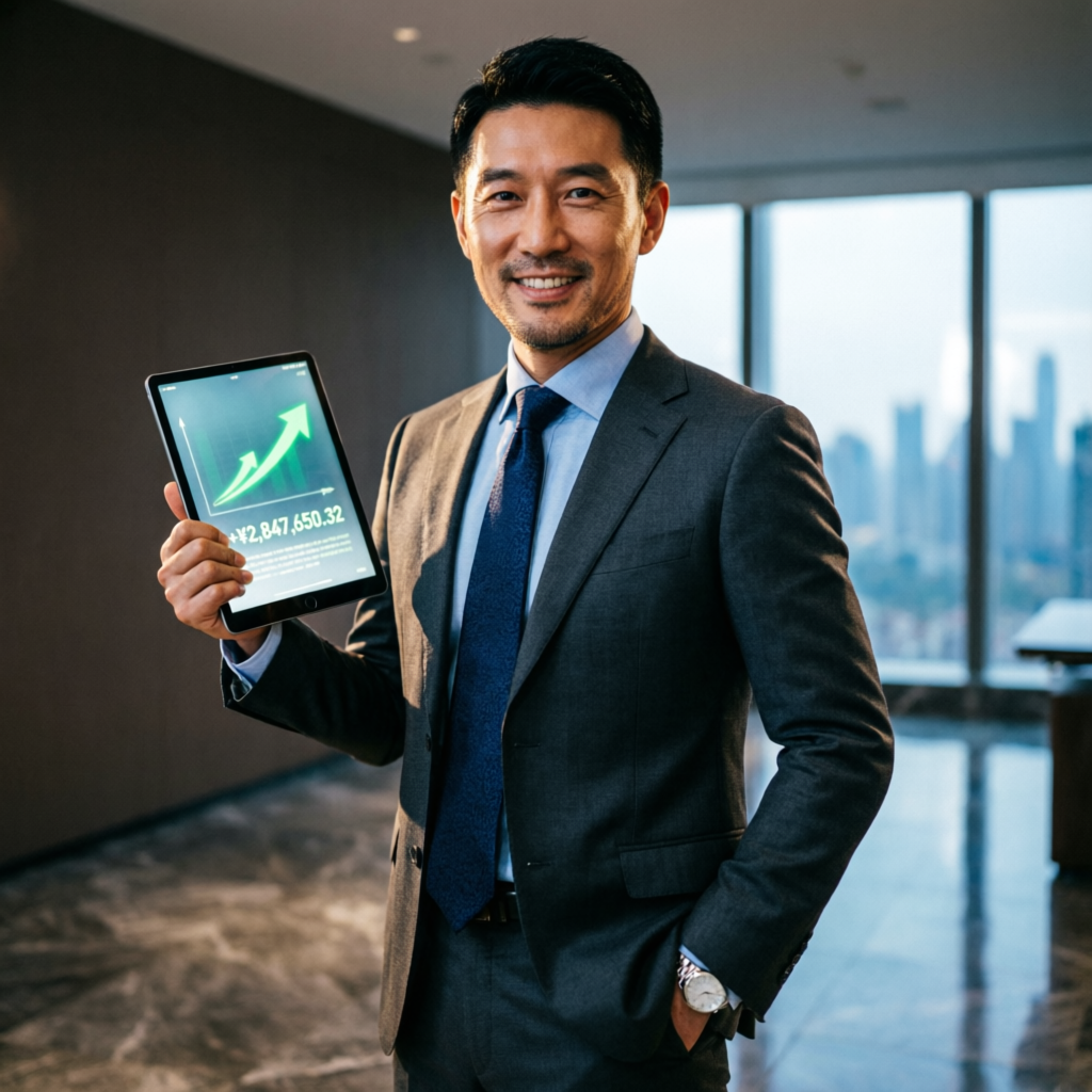 Successful trader showing profit results on tablet