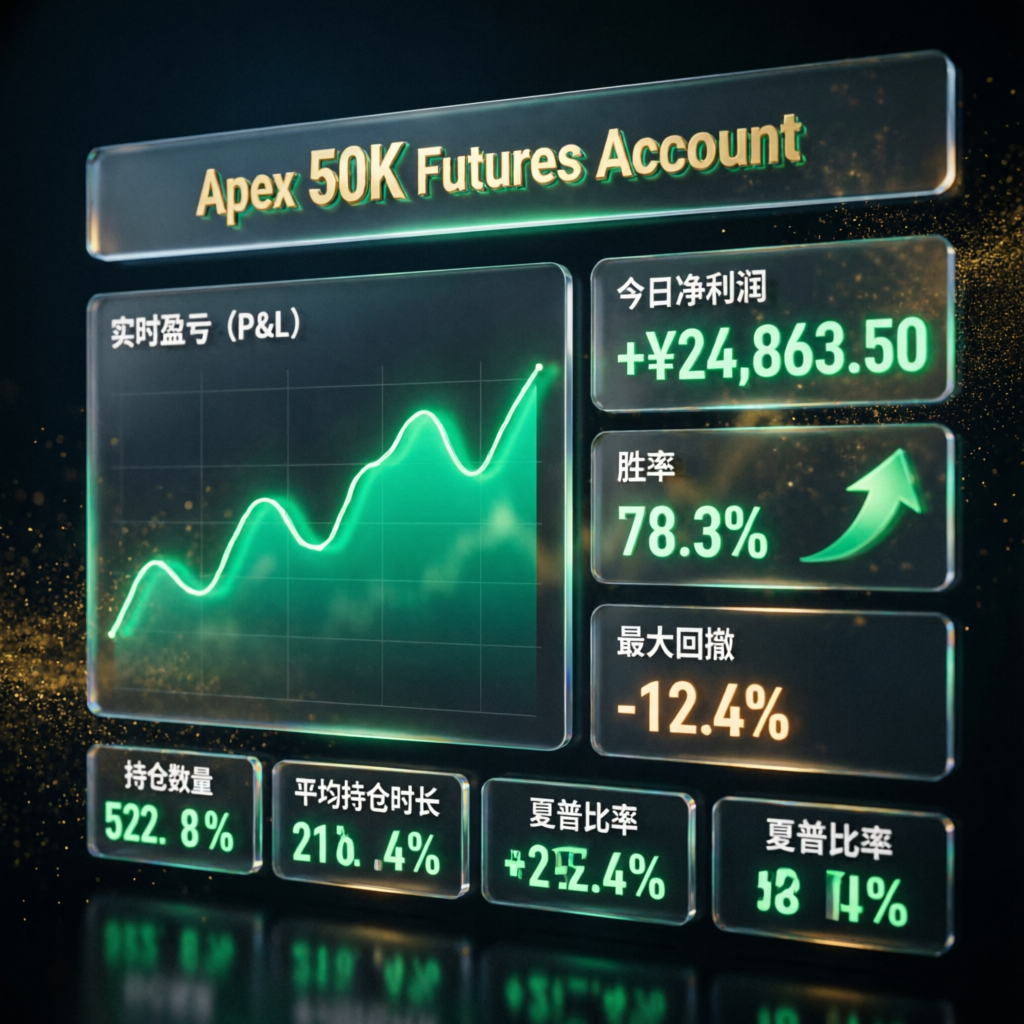Apex 50K Futures Account Dashboard showing profit metrics and trading performance