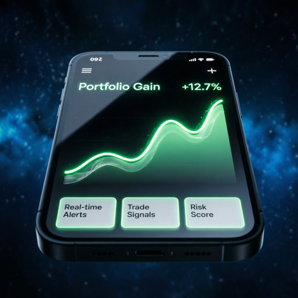 Mobile trading app showing portfolio gains and real-time alerts